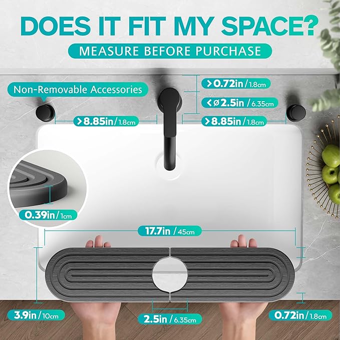 Stone Faucet Mat for Kitchen Sink – Diatomite Fast-Drying Stone Tray, Faucet Mat Sink Splash Guard, Decorative Sink Protector for Kitchen Bathroom Counter [Dark Gray, 17.7''x3.9'']