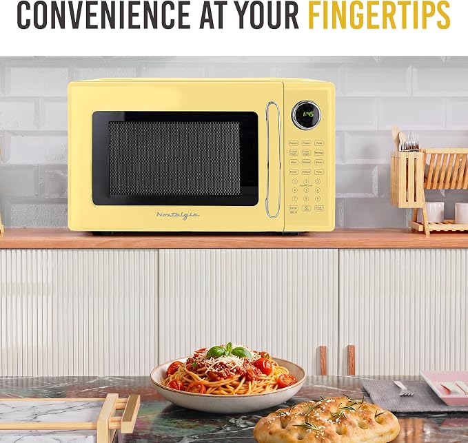 Nostalgia Modern Retro Compact Countertop Microwave Oven - 1.1 Cu. Ft. - 1000-Watts with LED Digital Display - Child Lock - Easy Clean Interior - Yellow