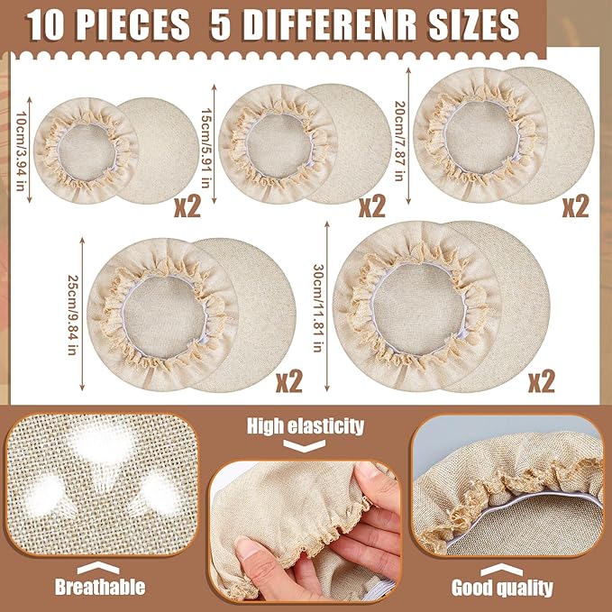 Patelai 10 Pcs Bowl Covers Reusable in 5 Size Stretch Cloth Fabric Elastic Food Storage Bowl Covers Bread Sourdough Lids for Proofing Food Fruits Leftover(Beige,Beige Style)