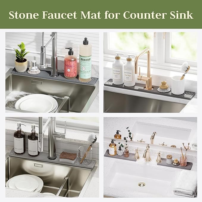 Stone Faucet Mat for Kitchen Sink, 23.6" Water Absorbent Diatomite Stone Sink Tray, Sink Protectors for Kitchen Sink, Faucet Mat for Bathroom Counter