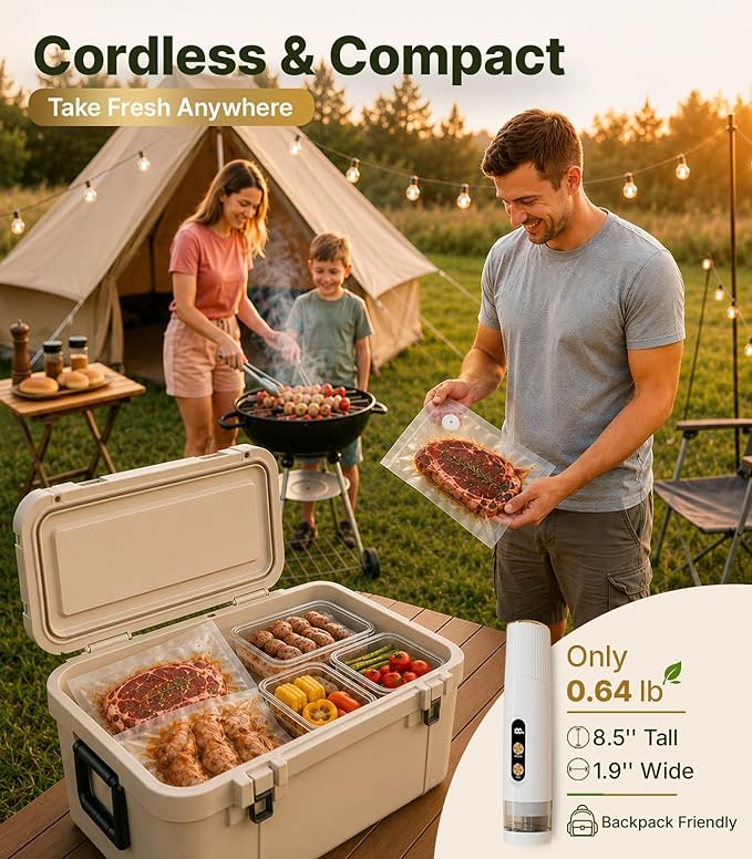 Compact Handheld Vacuum Sealer for Food, Portable Wireless Vacuum Sealer with 60kPa Suction, Dual Modes, Visible Water Reservoir, Includes Complete Set for Food Preservation