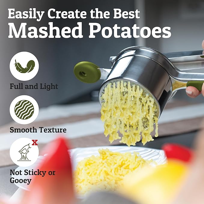 PriorityChef Large 15oz Potato Ricer With 3 Discs, Heavy Duty Stainless Steel Potato Ricer for Mashed Potatoes, Potato Masher, Press and Ricer Kitchen Tool, Olive Green