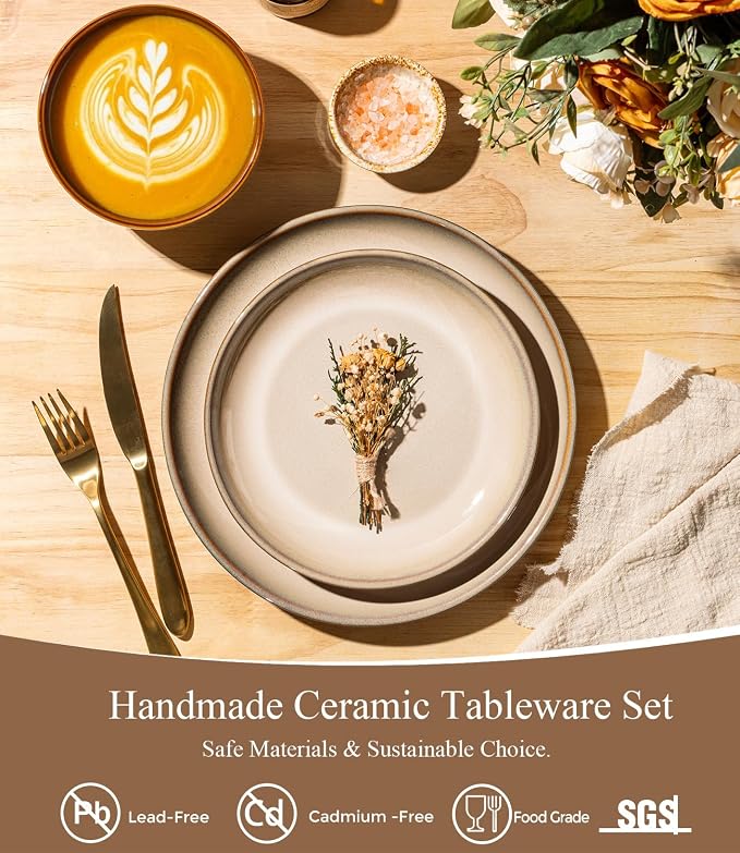 LERATIO Ceramic Dinnerware Sets for 4, 12 Pieces Ceramic Plates and Bowls Sets, Scratch Resistant Dish Set, Oven, Microwave & Dishwasher Safe-Pale Kahki