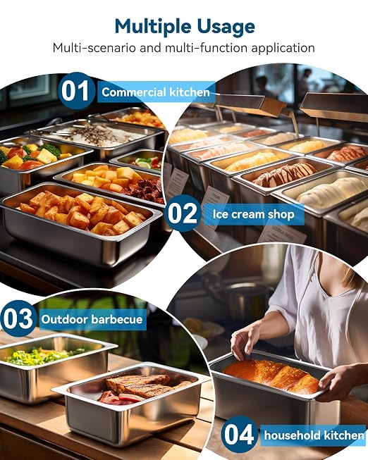 ZeroPone 8 Pack Hotel Pans with Lids, 1/3 Size 6" Deep Stainless Steel Steam Table Pan 22 Gauge Anti Jam Commercial Food Pans for Hotel, Party, Buffet, Catering Supplies