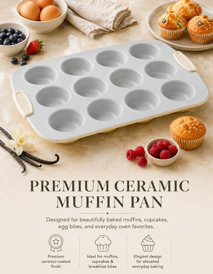 Boxiki Kitchen Ceramic 12-Cup Muffin Pan, 15.55"x11" Nonstick Cupcake Pan - Heavy Duty 0.6mm Aluminized Steel, KFCC Ceramic Coating, Oven Safe to 550°F, Rustproof & Warp Resistant Baking Pan