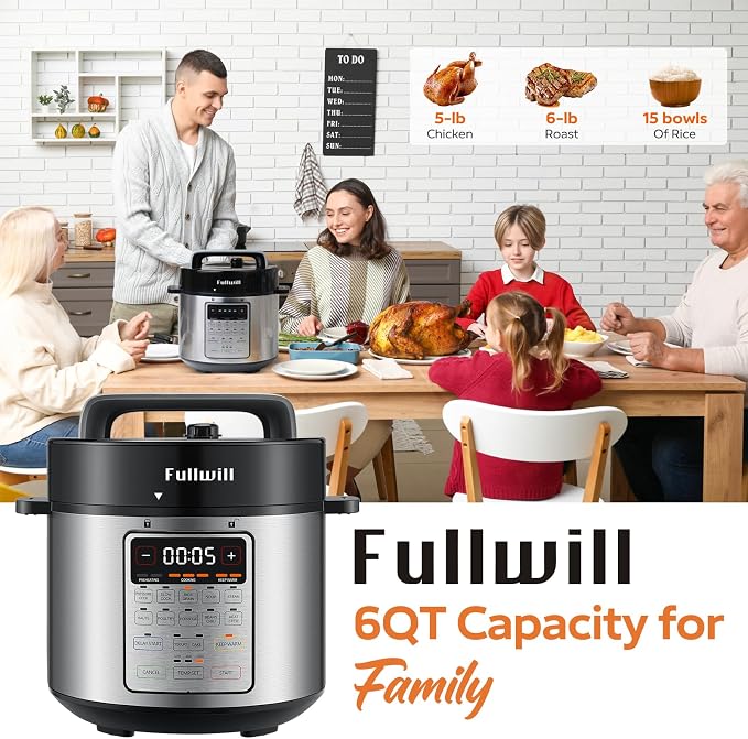 Fullwill 6qt Electric Pressure Cooker, 9-in-1 Versatile Kitchen Appliance Slow Cooker, Rice Cooker, Yogurt Maker, Cake Maker, Sauté Pan, Steamer, Food Warmer and Soup Maker
