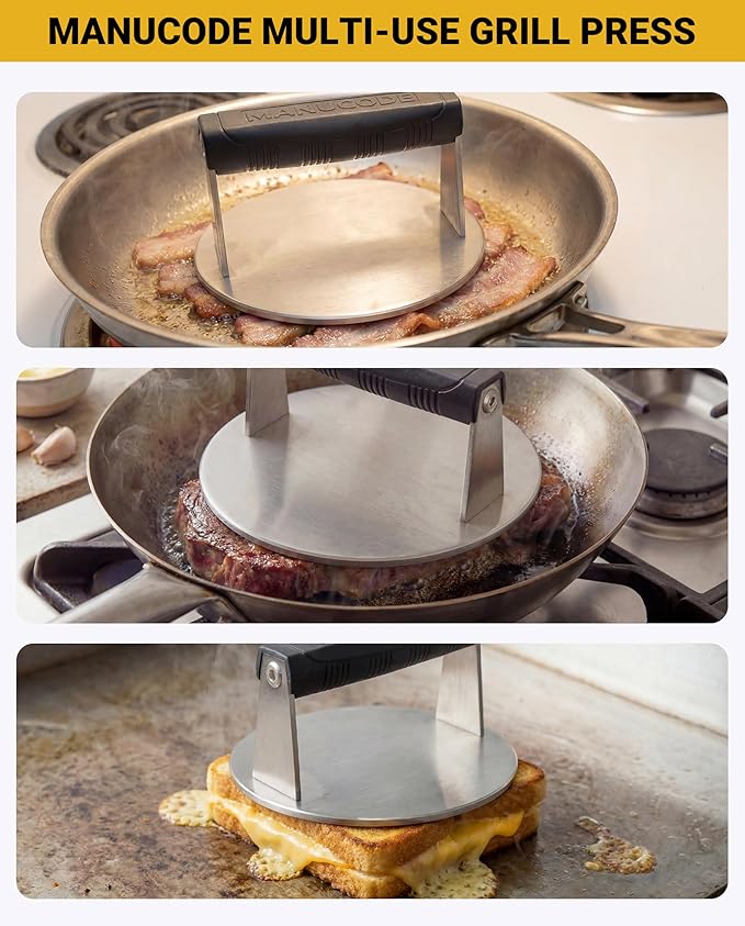 Stainless Steel Burger Smasher 2.70 LB – 7 Inch Steak Weight for Smash Burgers, Bacon, Sandwiches | Dishwasher Safe, Preheatable Protein Press with Silicone Handle | Commercial BBQ Tool