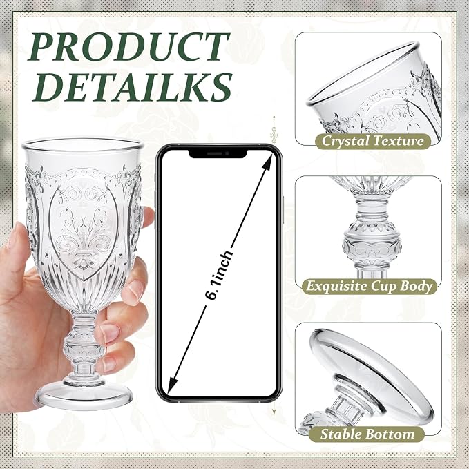 Wiwiqing 6 Pcs Plastic Goblets 7.5oz Vintage Goblet Plastic Wine Glasses Colored Retro Embossed Water Goblets for Wine Bar Juice Baby Shower Wedding Reception Grand Event Party (Clear)