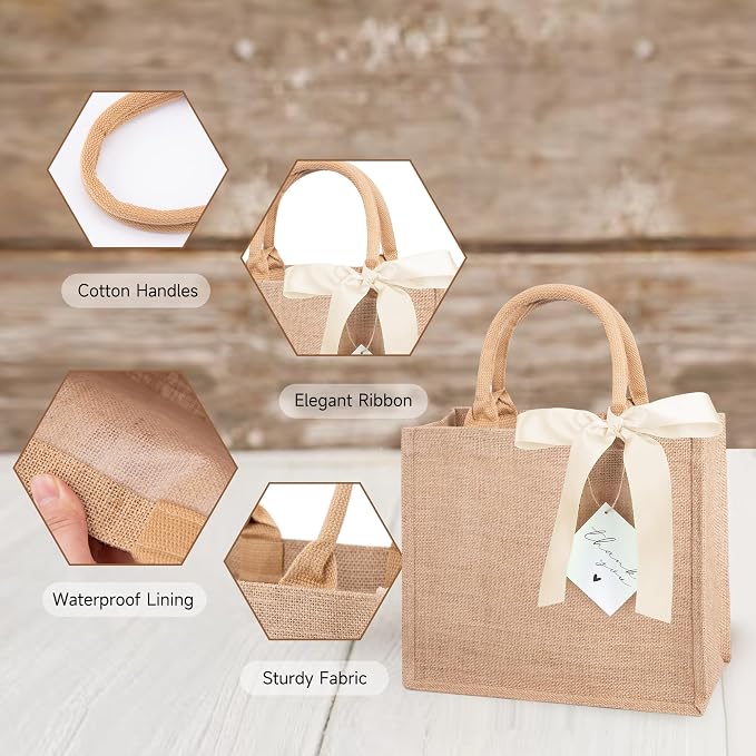 6 Pack Burlap Tote Bags with Handles Reusable Medium Jute Gift Bags with Light Beige Silk Ribbons Waterproof Lining for Wedding Bridesmaid Mother's Day Bachelorette Beach Party