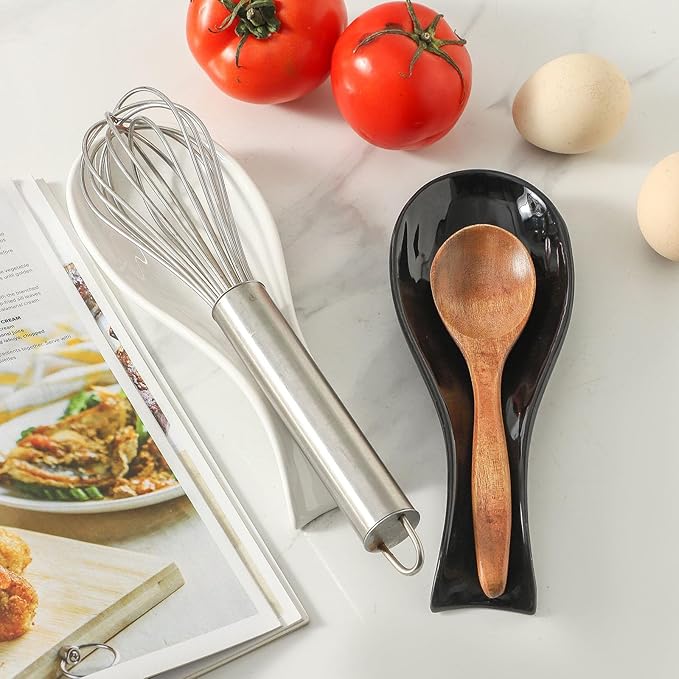 Ceramic Spoon Rest for Stove Top, Large 8.7 Inch Spoon Holder for Kitchen Counter,Porcelain Utensil Rest for Ladle,Spatula,Housewarming Gift,Dishwasher Safe and Heat-Resistant,White and Black,Set of 2