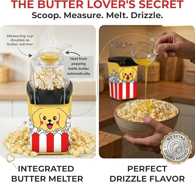 Fun Popcorn Machine Air Popper – Hot Popcorn Maker Air Popper Electric with Butter Melting Tray – Mini Electric Maker - Dog Mom Gifts for Women, Home, Kids Movie Night - Oil Free Snacks