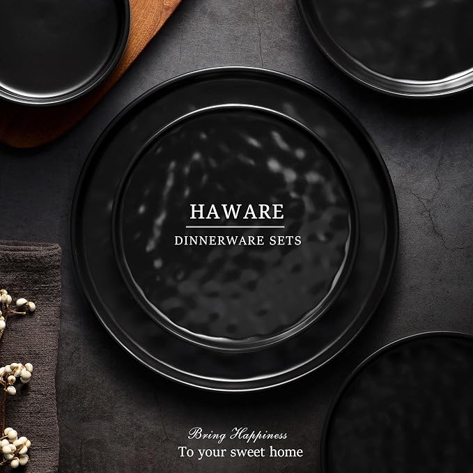 HaWare Dinnerware Sets, 18-Piece Plates and Bowls Set, Stoneware Dish Set for 6, Ceramic Dinnerware for Home Restaurant, Chip and Scratch Resistant, Microwave and Dishwasher Safe, Matte Black