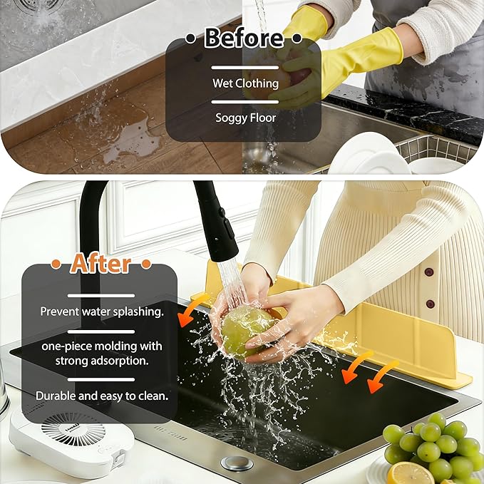 20Inch Silicone Sink Splash Guard with Strong Suction Cups, Flexible Kitchen Sink Splash Guard for Front/Back of Sink, Easy to Clean Splash Guard for Kitchen & Bathroom (Yellow, 20.5''x2.8'')