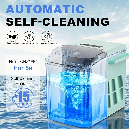 NEWBULIG Countertop Ice Maker Machine with Handle, Portable Bullet Ice Maker Produces 9 Cubes in 6 Minutes, 26 lbs per 24 Hours, Includes Basket & Scoop, for Home Kitchen RV Camping Party, Green