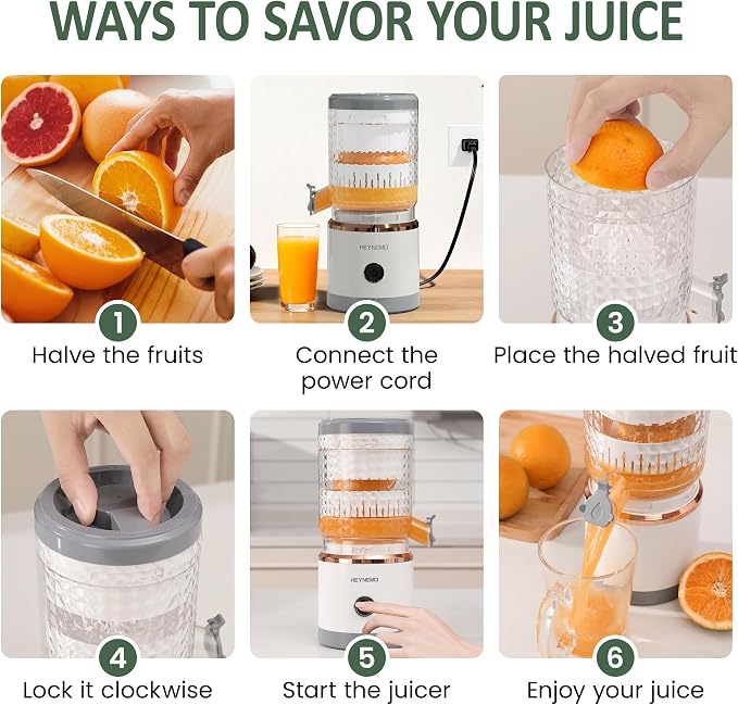 Heynemo Electric Citrus Juicer, 90W Automatic Juice Squeezer with High-Speed 15,000 RPM, Ideal for Lemon, Orange, Soft Fruits, and Grapefruit, Compact and Easy to Clean, Includes Cleaning Brush，Grey