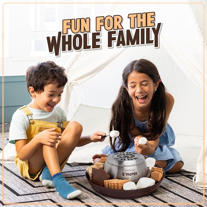 Nostalgia Tabletop Indoor Electric S'mores Maker - Smores Kit With Marshmallow Roasting Sticks and 4 Tray Lazy Susan for Graham Crackers, Chocolate, and Marshmallows - Movie Night Supplies - Brown