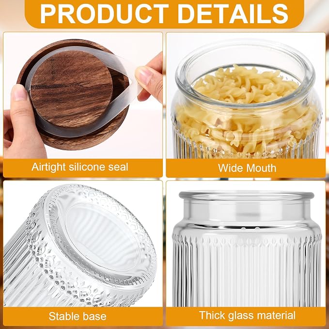 6 Pcs 500ml/17 oz Vintage Glass Storage Jar Glass Containers with Wood Lid Ribbed Pattern Airtight Kitchen Spice Containers for Pantry, Coffee Bean, Grains, Tea, Sugar, Flour, Candy, Oats
