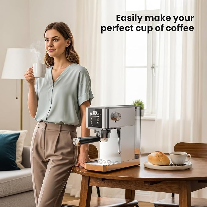 Kismile Espresso Machine with LED Screen & Milk Frother, Stainless Steel Coffee Maker with Thermo Block Heating & Pre-Brew System, Customizable Shot Memory, Ideal Gift for Baristas
