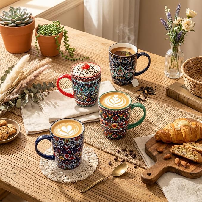 glowworm 16 oz Coffee Mugs Set of 4, Large Ceramic Coffee Cups for Women and Men, Colorful Mugs Set with Handles for Latte, Hot Cocoa, Tea, Dishwasher & Microwave Safe, Bohemian