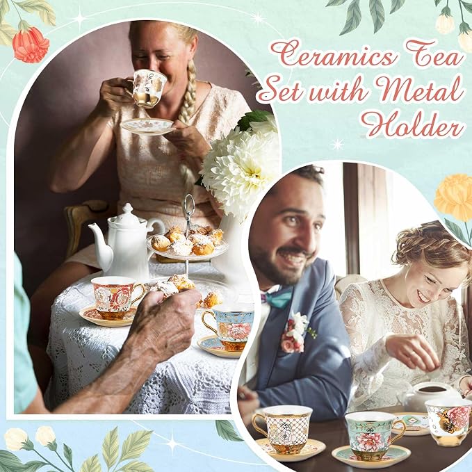 Teenyyou Set of 6 Tea Cups and Saucers Tea Party Decorations Floral Porcelain 5.4 oz British Gift for Women Birthday Party, Church, and Mother's Day (Stylish Style)