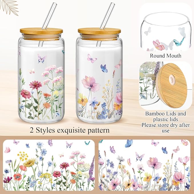 Mumufy 2 Pack Wildflower Glass Cups Gift Aesthetic Cute Glass Cup Tumbler Flower Iced Coffee Mugs 16 oz with Bamboo Lid & Straw, for Wedding Birthday Bridesmaid Mom Baby Shower