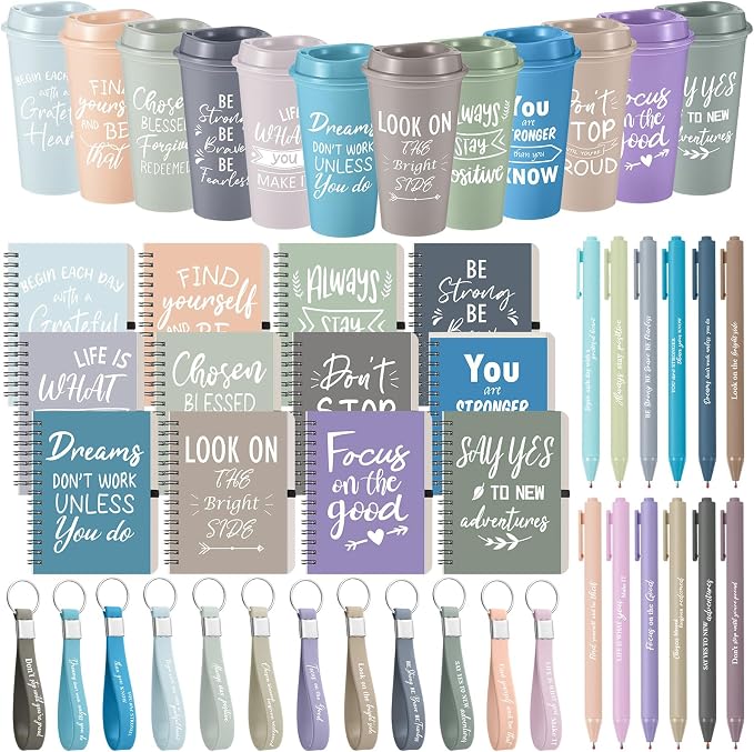 Skylety 12 Sets/48 Pcs Employee Appreciation Gifts 16oz Inspirational Plastic Cups Spiral Notebooks Ballpoint Pens Keychains Bulk Thank You Cup for Employee Coworker (Light Morandi)