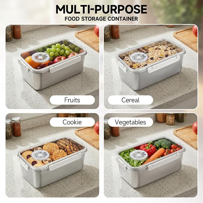 Bread Storage Box for Kitchen Countertop, Large Capacity Stainless Steel Breadbox, Bread Container Holder with Airtight See Through Time Recording Lid for Homemade Loaf, Toast, Bagel, Cookies