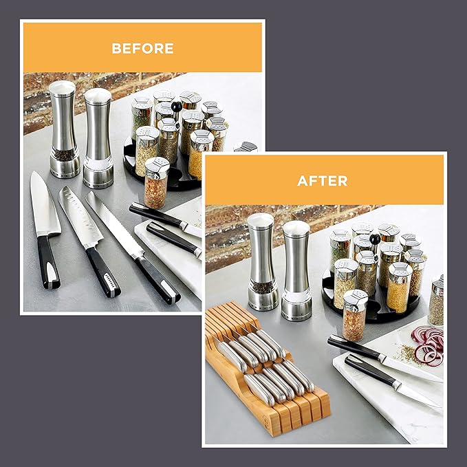Knife Block Drawer Organizer - Bamboo Knife Drawer Organizer Insert for Kitchen Drawer, In Drawer Knife Holder, 16 Slot Drawer Knife Block, Drawer Knife Organizer, Knife Storage Organizer for Drawer