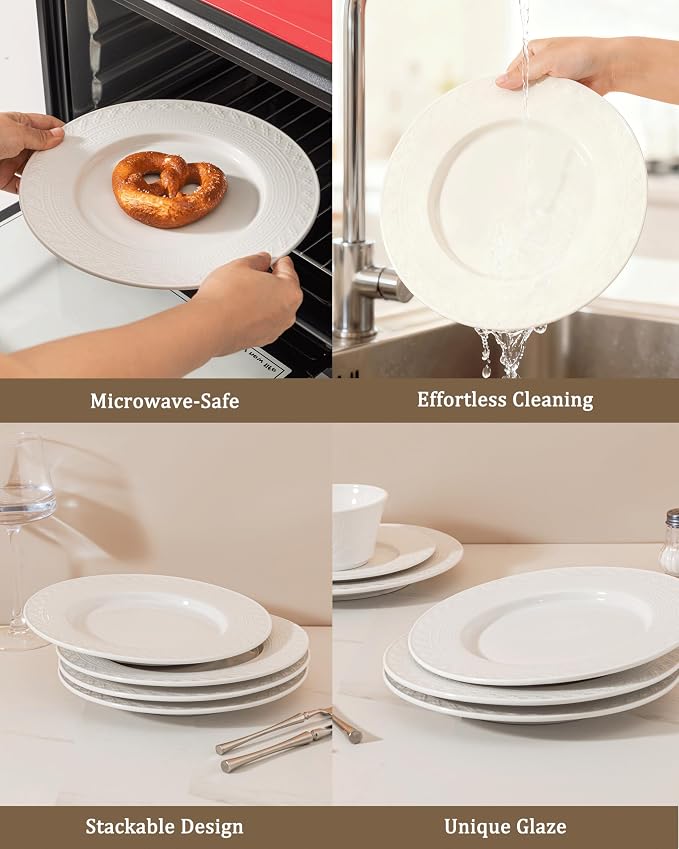 4-piece set, ceramic tableware set, relief plate and bowl set, microwave and dishwasher compatible tableware set, shatterproof and scratch resistant dinner set, irregular edge design, white
