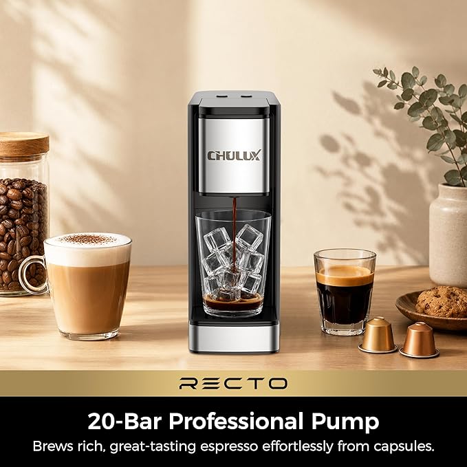 CHULUX RectoCafé Espresso Machine for Nespresso Original Capsule Pod, 20 Bar Professional Italian Pump Coffee Machine, Extra Mini Espresso Maker for Home & Office, Stainless Steel and Black
