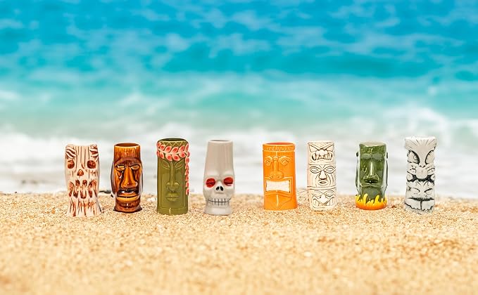 LEMONSODA Ceramic Hawaiian Tiki Glasses - Set of 8 - Tropical Drinkware Tiki Mugs for Cocktails, Barware & Luau Decor