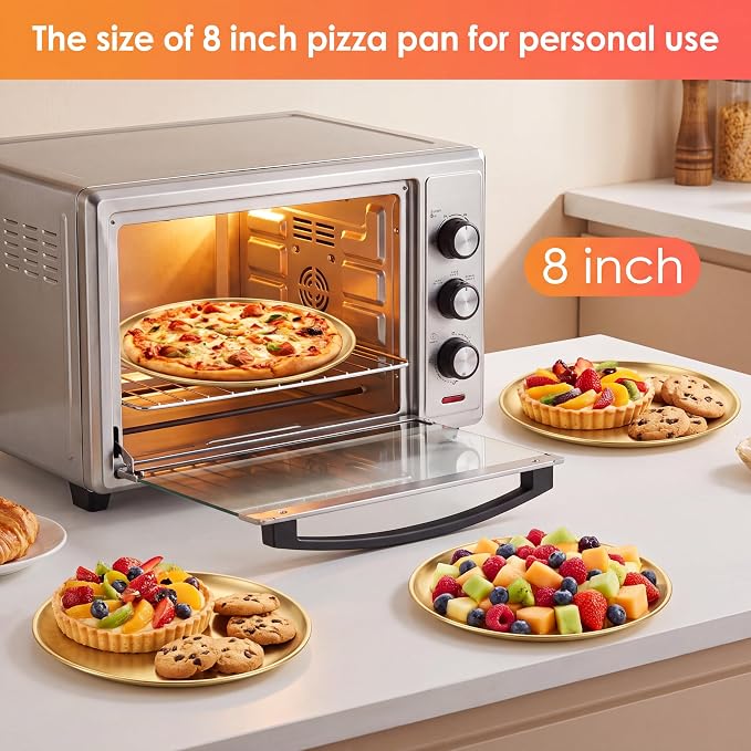 Thenshop 8 Pieces 8 Inch Pizza Pans Bulk Stainless Steel Sets Round Bakeware Pizza Trays for Oven Kitchen Baking Home Restaurant Safe Sturdy Reusable Easy Clean(Gold)