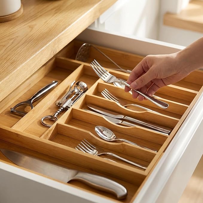Expandable Bamboo Drawer Organizer Tray for Kitchen Utensils, Adjustable Cutlery Organizer with 7-9 Compartments, 13" to 20" Wide Wood Drawer Divider for Home