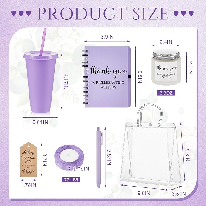 Nuogo 6 Sets New Parent Shower Prizes for Player Winners Adult, Wedding Bridal Shower Gift, Plastic Tumbler Notebook Scented Candle Ballpoint Pen Bag (Purple Color,Classic Style)
