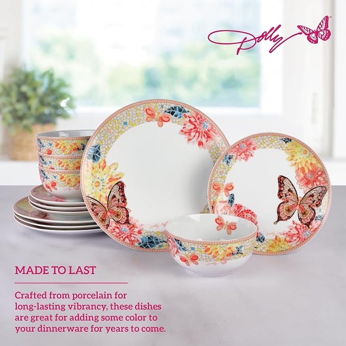 Dolly Parton 12 Piece Jeweled Mosaic Butterfly Dinnerware Set Porcelain Dinner Plates, Salad Plates, Bowls, Service for 4, Microwave Dishwasher Safe