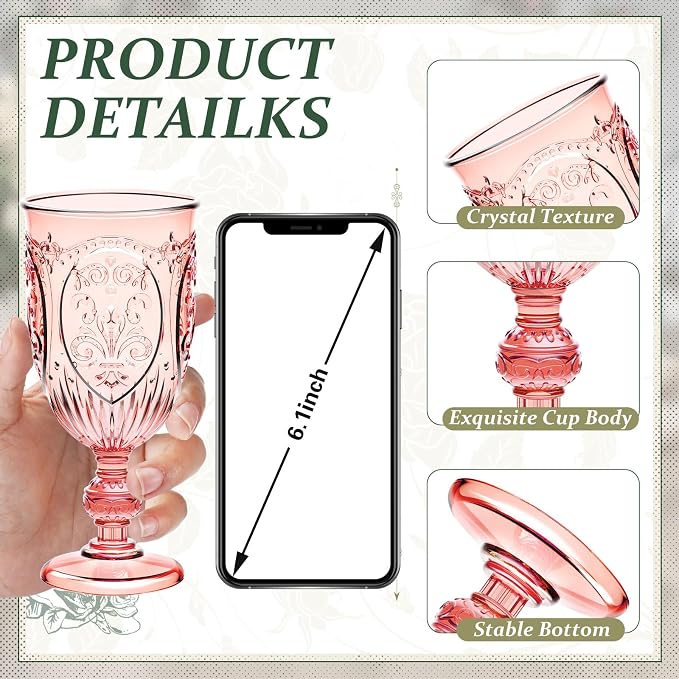 Wiwiqing 6 Pcs Plastic Goblets 7.5oz mini Vintage Goblet Plastic Wine Glasses Colored Retro Embossed Water Goblets for Wine Bar Juice Baby Shower Wedding Reception Grand Event Party (Pink)
