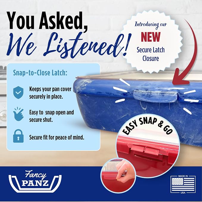 Fancy Panz Blue Marble Premium Aluminum Foil Pan Carrier with Secure Latch Lid & Hot/Cold Gel Pack - Made in USA Reusable Casserole Carrier for Half Size Pans - Food Transport Holder for Entertaining