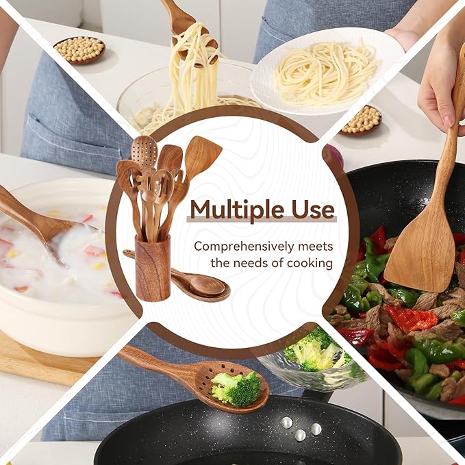 Kitchen 10PCS Teak Wooden Utensils Set With Holder and Spoon Rest | Non-stick, Easy to Clean, Durable, Smooth with Comfort Grip Wooden Spoons for Cooking - Non Toxic Wooden Cooking Utensil