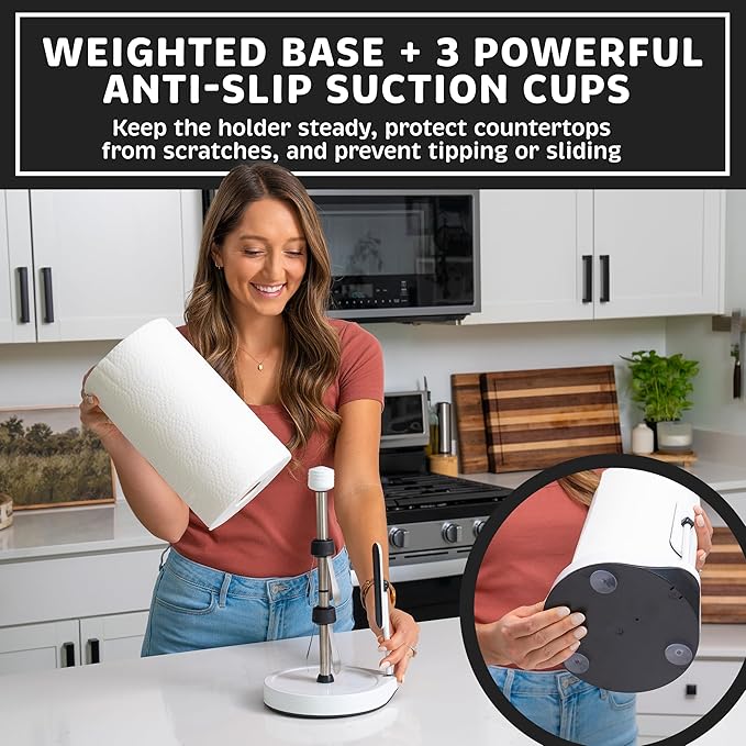 Stainless Steel Tension Arm Paper Towel Holder - Easy One-Handed Operation - This Sturdy Weighted Paper Towel Dispenser Countertop Model Has Suction Cups and Holds All Paper Towel Rolls (White)