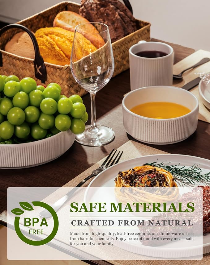 OTAGO 16-Piece Dinnerware Set for 4 with Mugs, Ribbed Stoneware Plates and Bowls Sets, Unique Handcrafted Reactive Glaze, Chip and Scratch Resistant Dish Set, Microwave & Dishwasher Safe, White