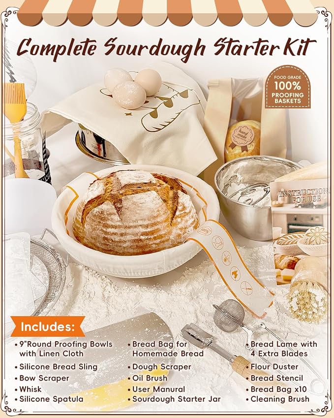 Complete Sourdough Starter Kit with Manual | Easy to Clean for Beginners | Sourdough Bread Baking Supplies with Round Bread Proofing Basket, Bread Sling, Starter Jar, Dough Whisk, Scrapers, Bag