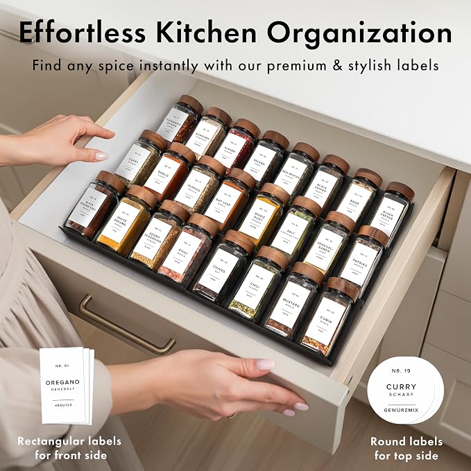 EDELHAUS® Square Spice Jars with Acacia Wooden Lid (Pack of 24) Spice Jars with Shaker Insert and 240 Labels - Acacia Lids Glass Container for Spice Organisation [4.3 in × 1.8 in]