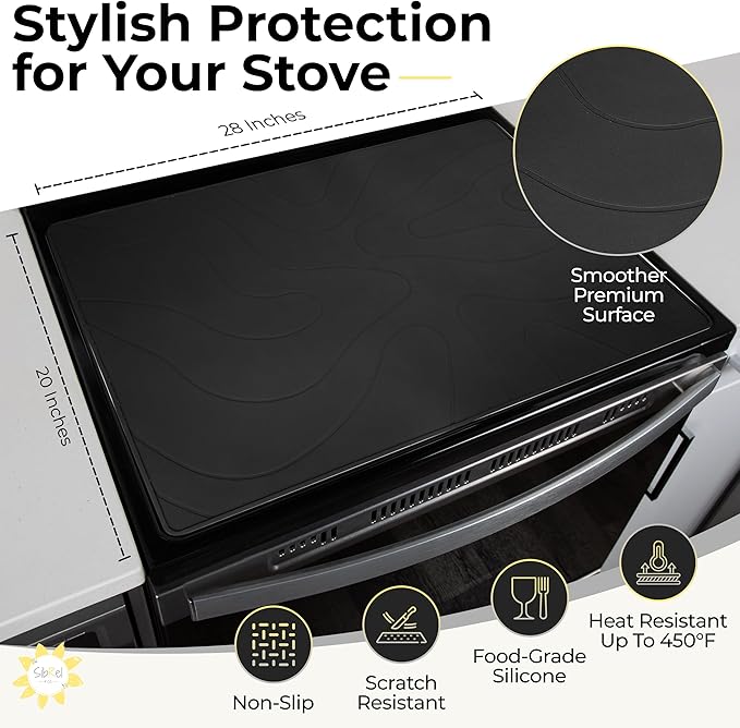 Stove Top Covers for Electric Stove - Silicone Stove Mat for Glass Top Stove - 28"x20" Stove Top Protector, Heat Resistant (450°F), XL Dish Drying Mat, Stove Cover – Black