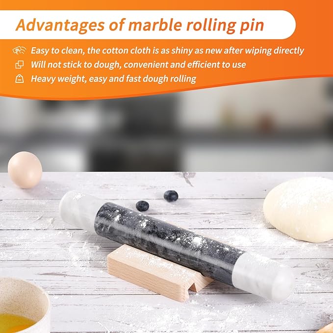 Tianman French Marble Rolling Pin.12 Inchs Marble Rolling Pin for Baking With Wooden Base Holder Stand-Non-Stick Baking Roller for Baking Fondant, Pizza,Cookies,Crust,Pasta(White-Black-White)