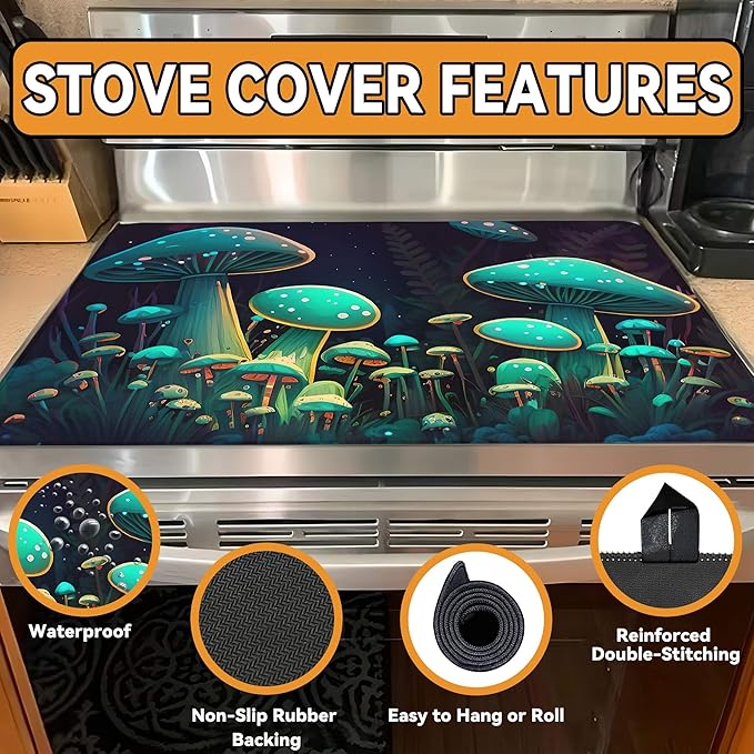 Decorative Stove Top Covers for Electric Stove 28"x20" – Heat Resistant Glass Cooktop Protector Dish Drying Mat – Non-Slip Rubber Backing Washer Top Cover Waterproof Extra Counter Space (Mushroom)