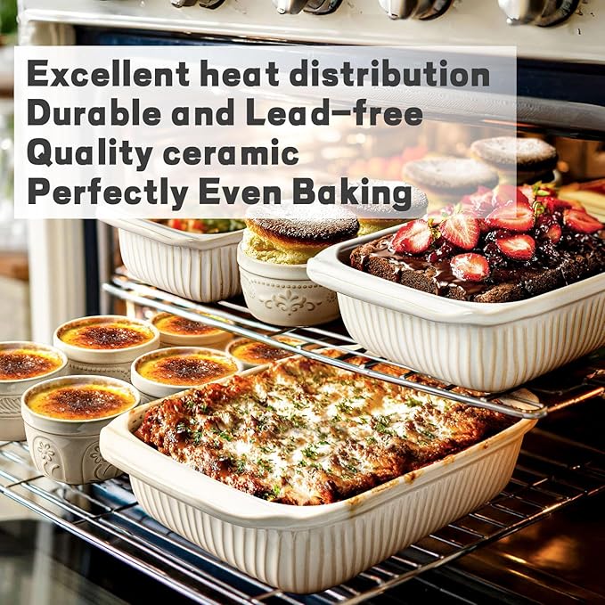 Artena Baking Dish 5.1 Quarts, Casserole Dishes For Oven, Baking Pan With Handles, Lasagna Pan Deep, Large Casserole Dish, Rectangular Ceramic Bakeware (White, With Lid)