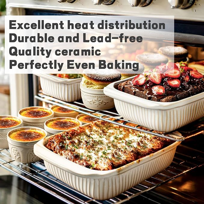 Artena Baking Dish 5.1 Quarts, Casserole Dishes For Oven, Baking Pan With Handles, Lasagna Pan Deep, Large Casserole Dish, Rectangular Ceramic Bakeware (White, With Rack)