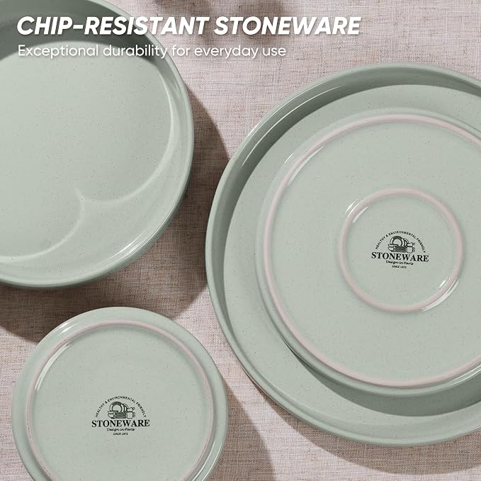 E-far Dinnerware Sets with Pasta Bowls, 24-Piece Stoneware Plates and Bowls Sets for 6 | Microwave & Dishwasher Safe Kitchen Modern Dish Set, Speckled Green