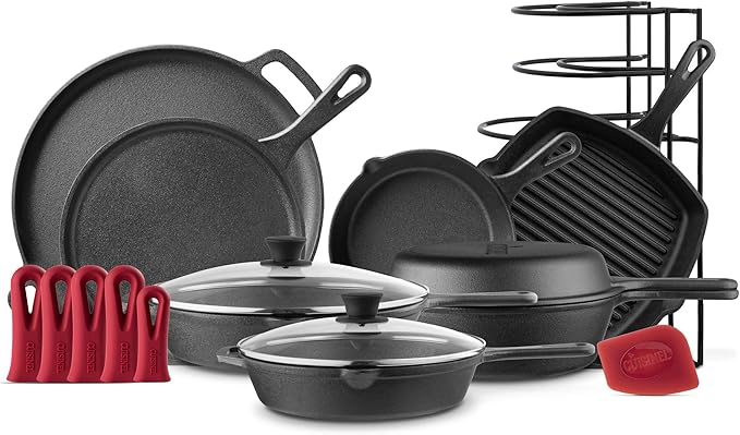 Cuisinel Cast Iron Cookware Set - Complete Pre-Seasoned Kit - 8" Skillet + 10"+12" Skillets with Glass Lid + Grill Pan + Multi-Cooker/Dutch Oven + Flat Griddle + Pizza Pan + Pan Rack Organizer