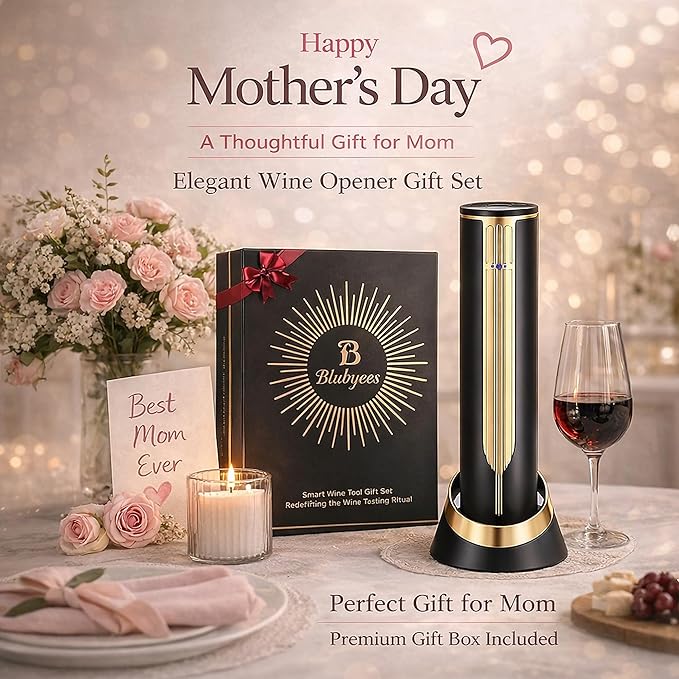BLUBYEES Electric Wine Bottle Opener with Charging Base and Built-In Foil Cutter, Rechargeable Touch-Activated Automatic Corkscrew, Luxury Gift for Men and Women Wine Lovers